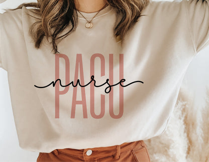 PACU Nurse shirt design featuring stylish text suitable for Cricut and Silhouette projects, ideal for post-anesthesia care unit nurses.