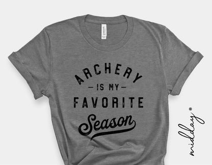 Gray t-shirt with "Archery Is My Favorite Season" text design, suitable for archery enthusiasts, compatible with Cricut and Silhouette.