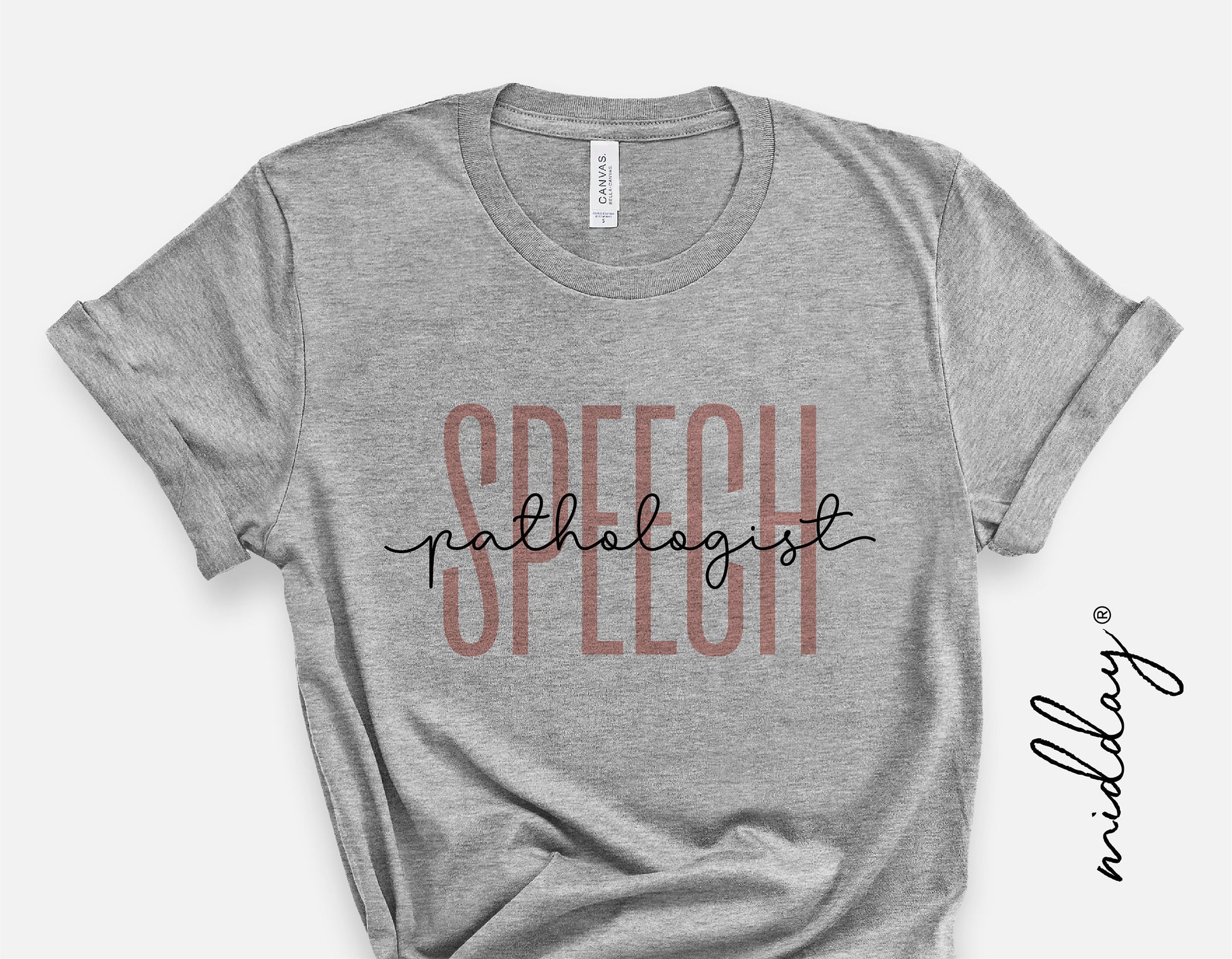 Grey t-shirt with 'Speech Pathologist' text design, ideal gift for speech pathology professionals, shown on a plain background.