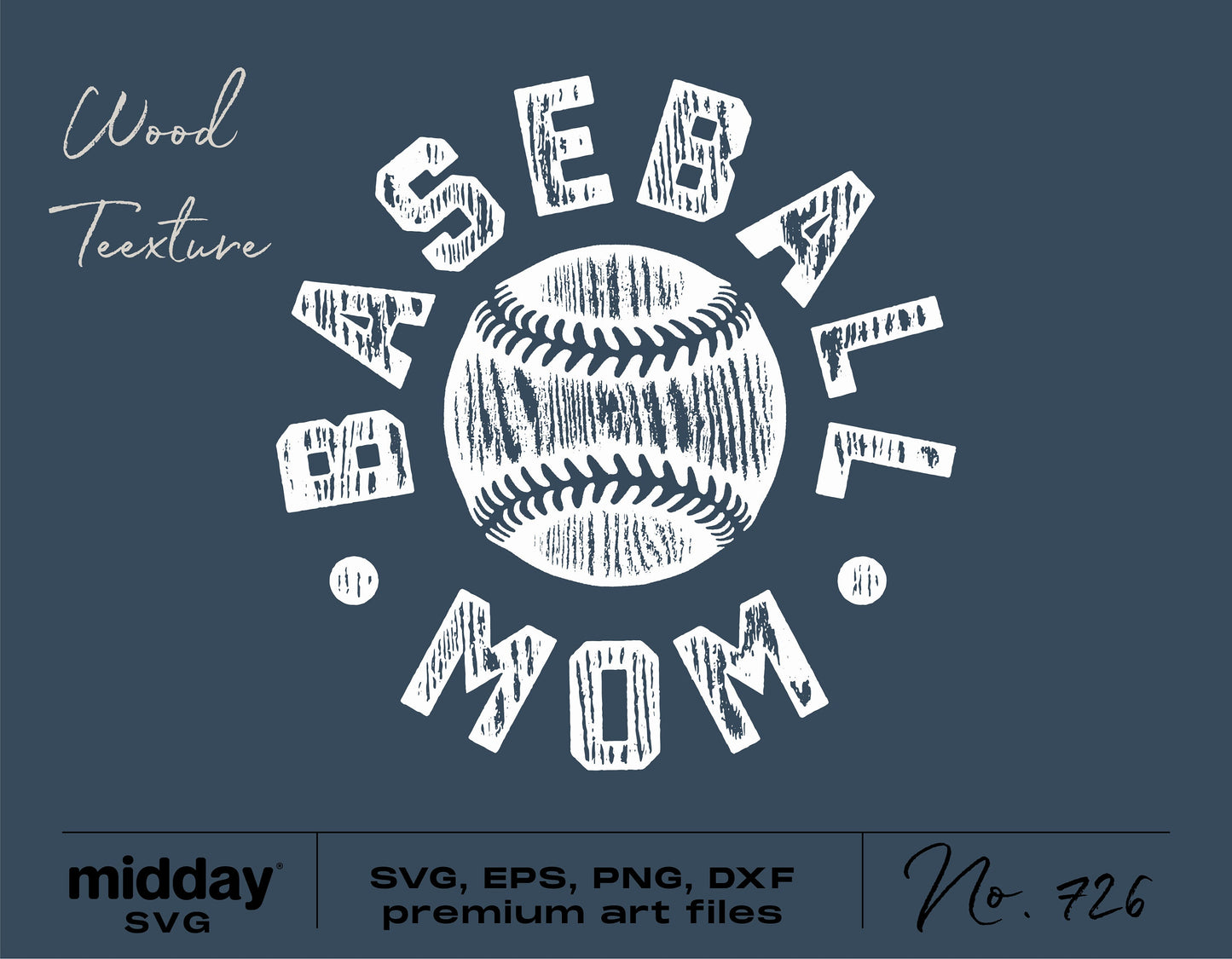 Wood texture Baseball Mom SVG design with ball graphics for Cricut and Silhouette, includes SVG, EPS, PNG, DXF files.
