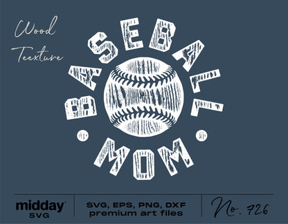 Wood texture Baseball Mom SVG design with ball graphics for Cricut and Silhouette, includes SVG, EPS, PNG, DXF files.