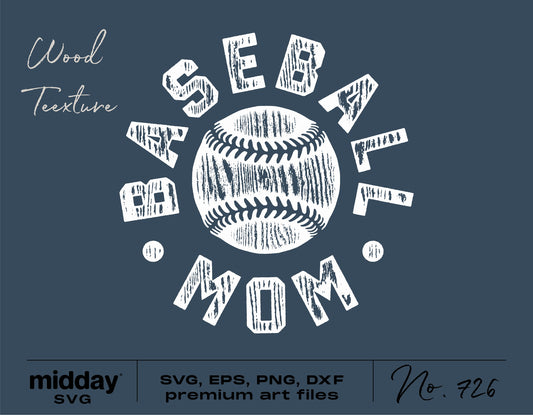 Wood texture Baseball Mom SVG design with ball graphics for Cricut and Silhouette, includes SVG, EPS, PNG, DXF files.