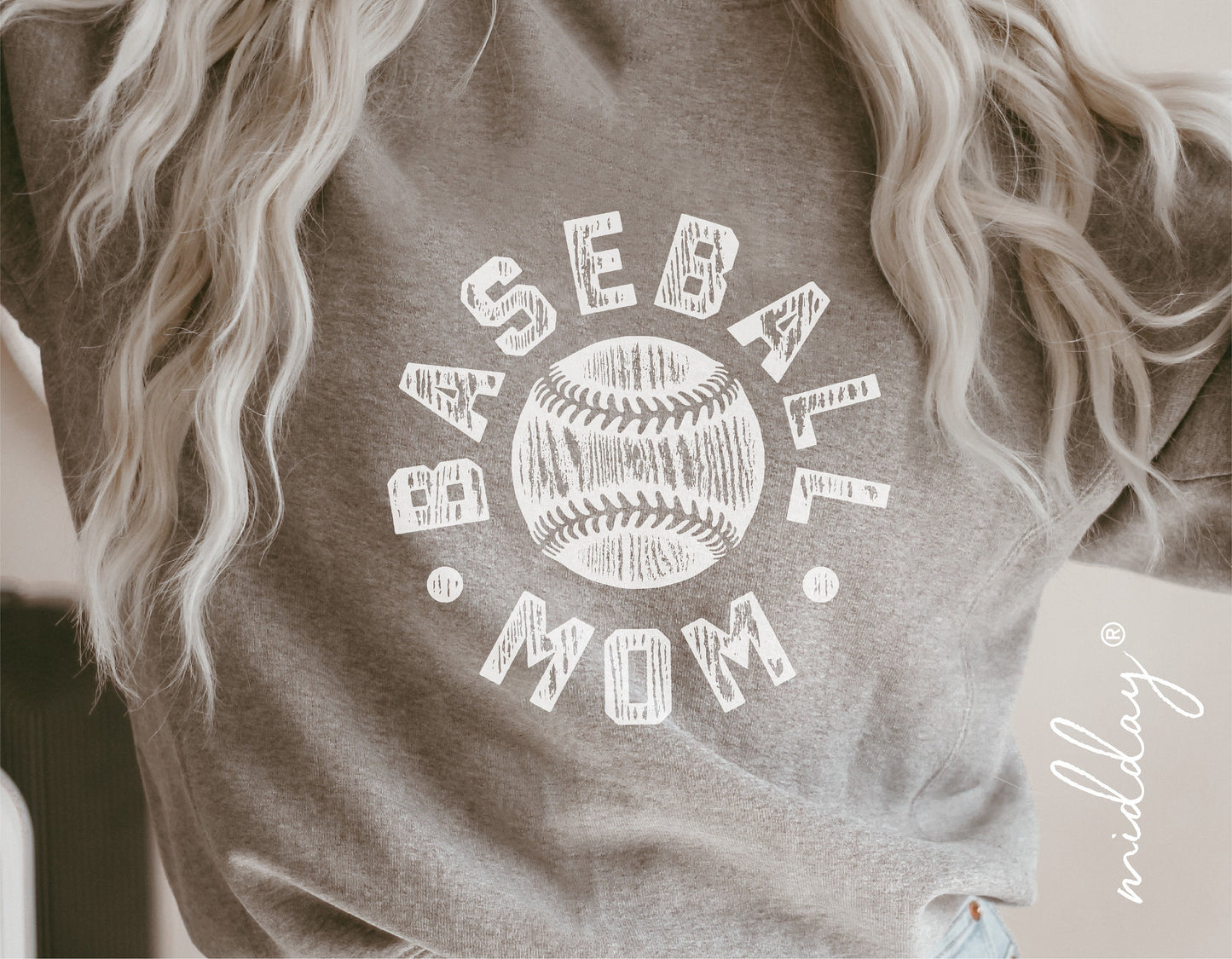 Gray shirt with 'Baseball Mom' text and baseball graphic, perfect for Cricut and Silhouette designs