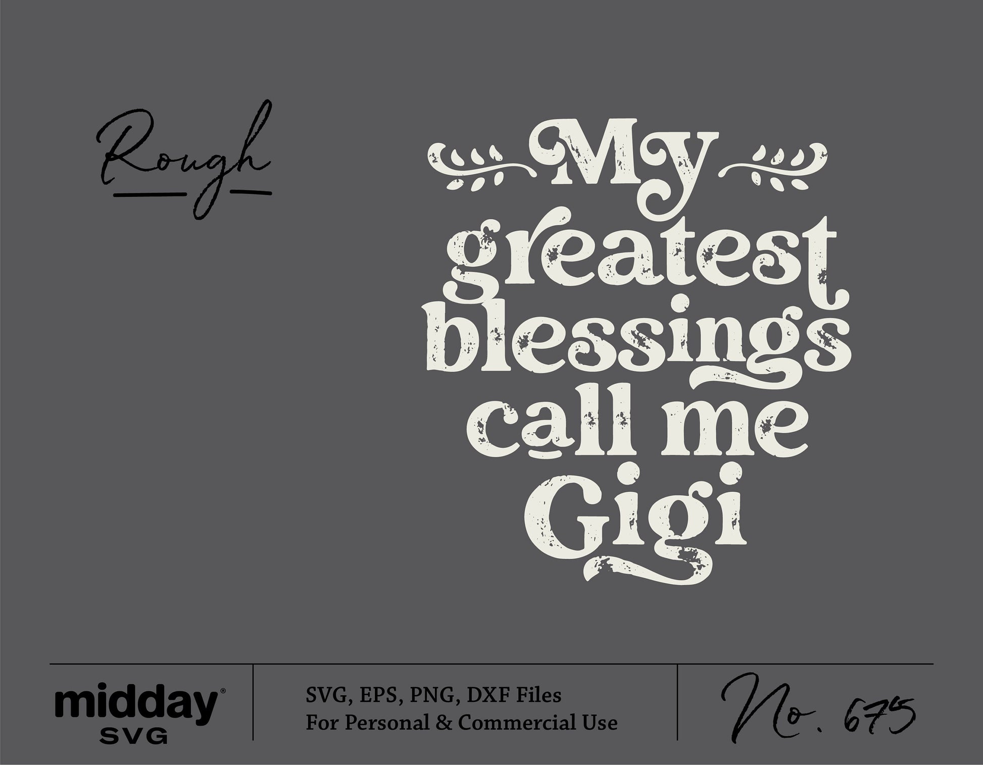 "My Greatest Blessings Call Me Gigi" SVG design for Cricut and Silhouette, featuring a whimsical font on a dark background.