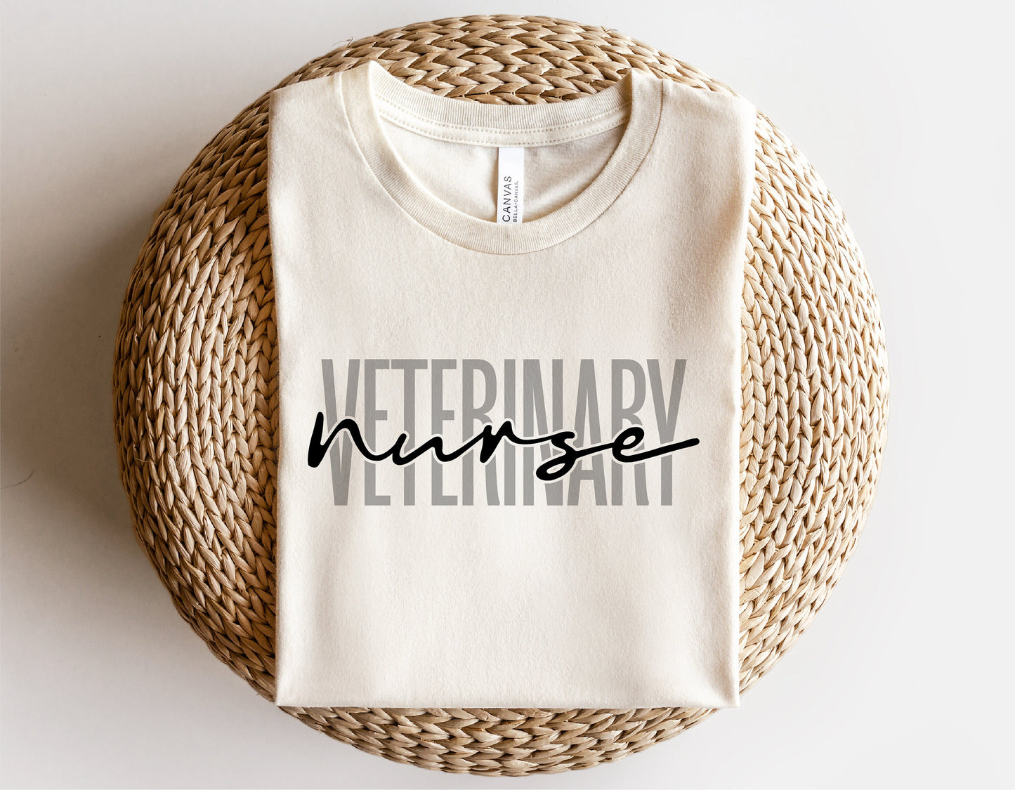 Cute beige shirt with 'Veterinary Nurse' text, perfect for vet professionals. Cricut cut file and sublimation design.