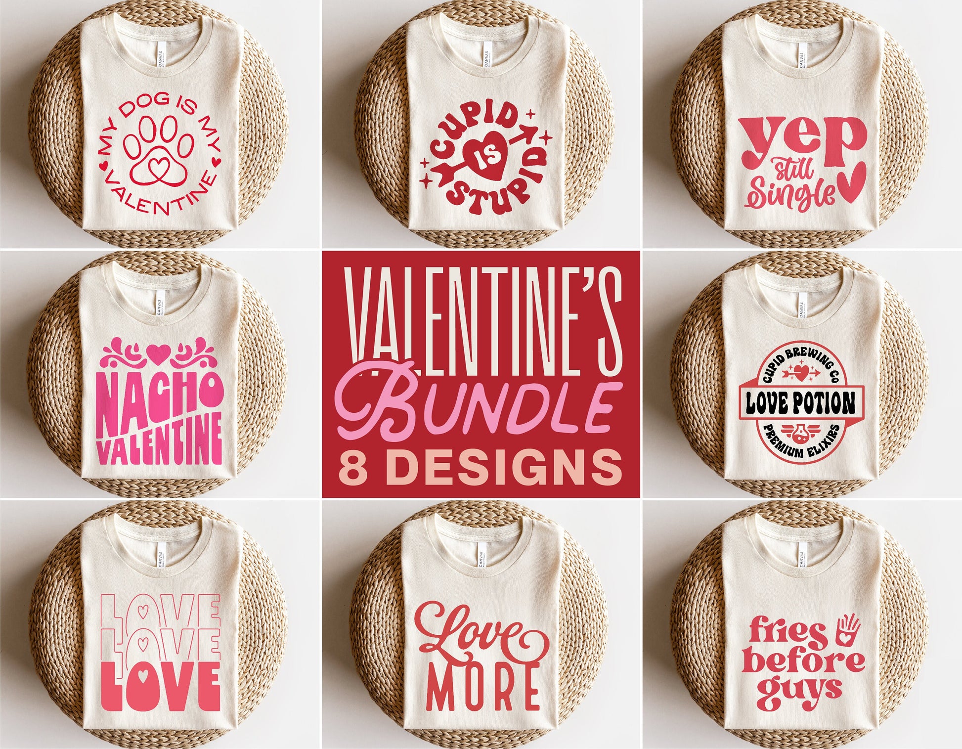 Funny Valentine's Day T-shirt designs featuring phrases like 'Cupid is Stupid' and 'Fries Before Guys' in an 8-design bundle.