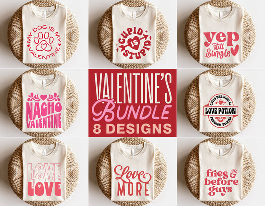 Funny Valentine's Day T-shirt designs featuring phrases like 'Cupid is Stupid' and 'Fries Before Guys' in an 8-design bundle.