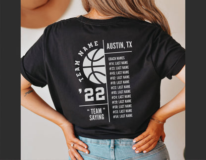 Back of shirt featuring basketball team roster design with customizable player names and numbers.
