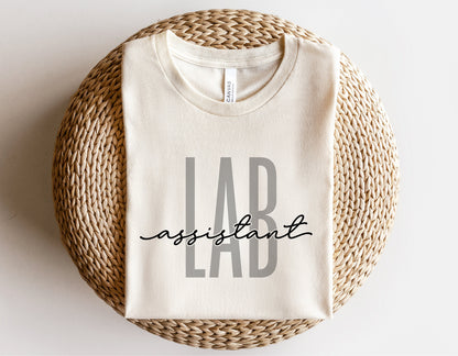 Lab Assistant shirt on wicker chair, featuring stylish text design, perfect for Cricut and Silhouette projects, digital download available.