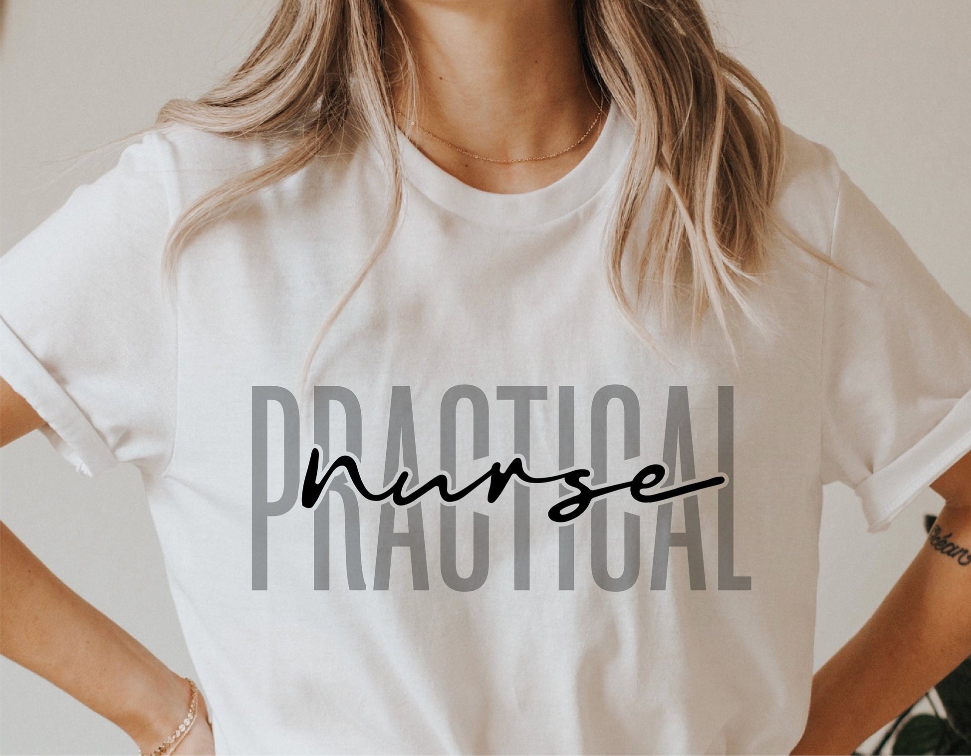 White t-shirt with 'Practical Nurse' text design, ideal for LPNs and healthcare professionals.