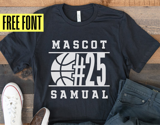 Custom basketball shirt with number 25 and mascot text, displayed with casual clothing and free font offer.