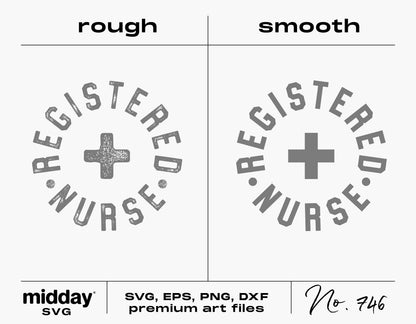 Registered Nurse SVG designs in rough and smooth styles with circular text and medical cross, suitable for Cricut and Silhouette cutting machines.
