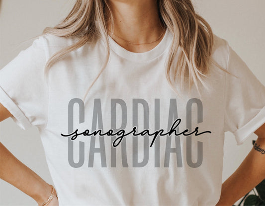 White t-shirt with 'Cardiac Sonographer' text, perfect for heart nurses and echocardiographers.
