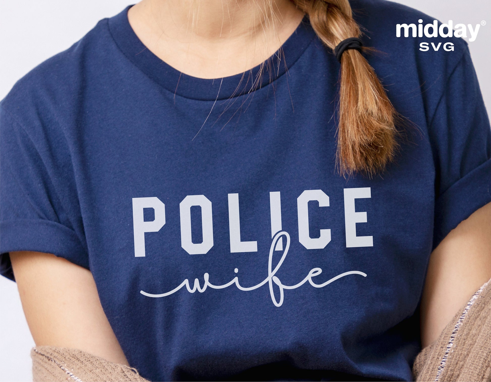 Blue Police Wife shirt design featuring bold text, suitable for Cricut and Silhouette projects, shown worn by a woman with braided hair.