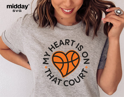 Woman wearing a grey t-shirt with 'My Heart is on That Court' basketball logo, ideal for basketball moms, compatible with Cricut and Silhouette.