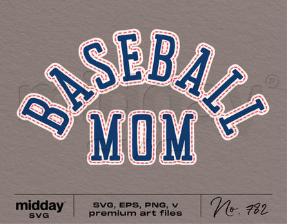 Baseball Mom SVG design in blue and red for shirts, Cricut, Silhouette, and sublimation projects.