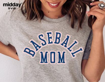 Gray t-shirt with 'Baseball Mom' graphic in blue and red font, perfect for sports fans and Cricut crafting projects.