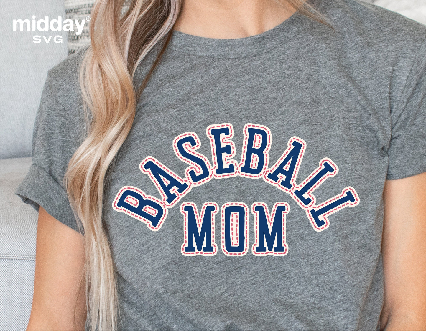 Woman wearing a gray shirt with 'Baseball Mom' design, ideal for Cricut and Silhouette projects. Perfect for sublimation and crafting.