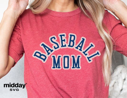 Woman wearing red "Baseball Mom" t-shirt with blue and white stitched lettering, ideal for Cricut and Silhouette designs.