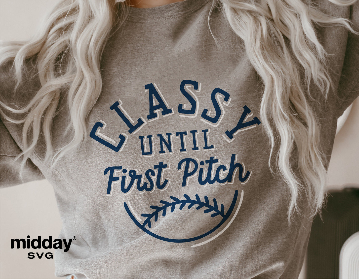 Woman wearing a shirt with 'Classy Until First Pitch' design, perfect for baseball moms, available in SVG, PNG, and more for Cricut and Silhouette.