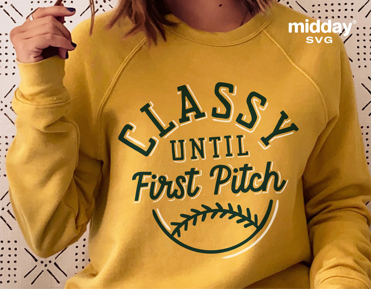 Woman wearing yellow sweatshirt with 'Classy Until First Pitch' baseball design, perfect for baseball moms and Cricut projects.