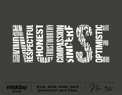 Word art of the word 'NURSE' with descriptive words like kind, honest, brave, and optimistic in SVG, PNG, and DXF formats.