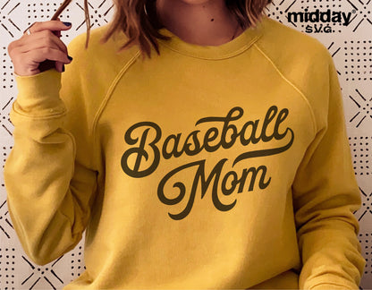 Baseball Mom graphic on yellow sweatshirt, perfect for sports fan apparel and gift ideas.