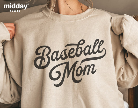 Woman wearing a vintage 'Baseball Mom' shirt, suitable for sports fans, available as a digital cut file for Cricut and Silhouette.