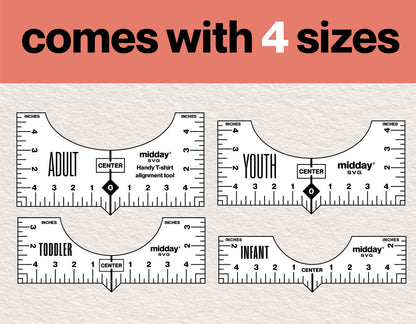 T-shirt alignment tool in four sizes for adult, youth, toddler, and infant. Printable digital file in SVG and PDF formats.
