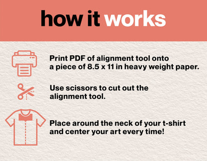 Instructions for using a T-shirt alignment tool, including printing, cutting, and placing around the neck for perfect centering.