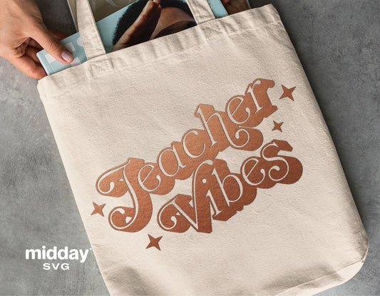 Tote bag with "Teacher Vibes" text in retro font, suitable for teacher appreciation gifts and school decorations.