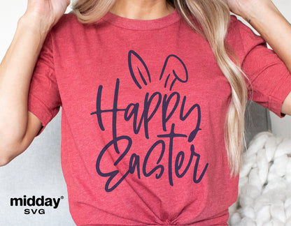 Woman wearing a red shirt with 'Happy Easter' text and bunny ears graphic, showcasing an Easter SVG design for Cricut and Silhouette.