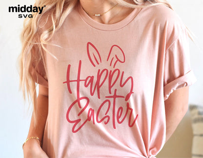 Easter shirt with 'Happy Easter' and bunny ears design, ideal for Cricut or Silhouette projects.