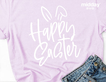 Happy Easter SVG design on a lavender shirt with jeans, perfect for Cricut Easter crafts, featuring bunny ears and playful script.