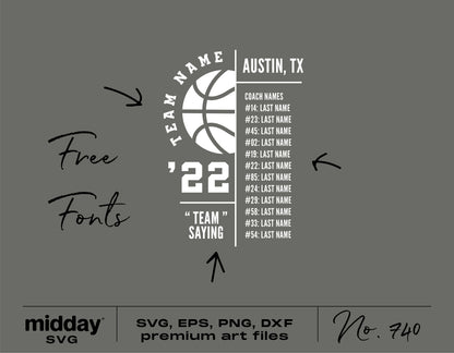 Basketball team roster shirt SVG design template with team names and numbers for Cricut and Silhouette projects.