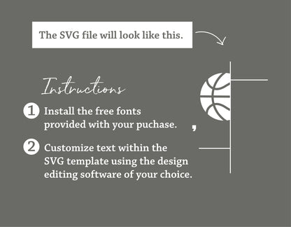 Basketball team SVG template instructions for installation and text customization, featuring a basketball design element.