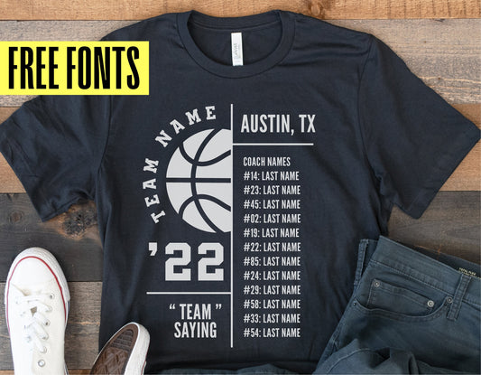 Black t-shirt design with basketball graphic and customizable team names for Cricut or Silhouette projects. Includes free fonts.