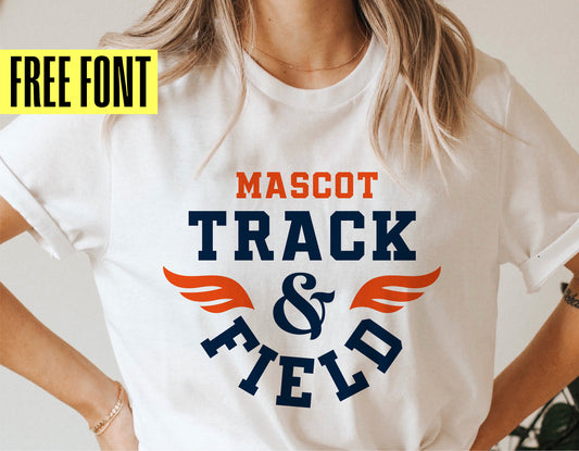 Woman wearing a white t-shirt with a 'Mascot Track & Field' logo featuring orange wings, and a banner offering a free font.