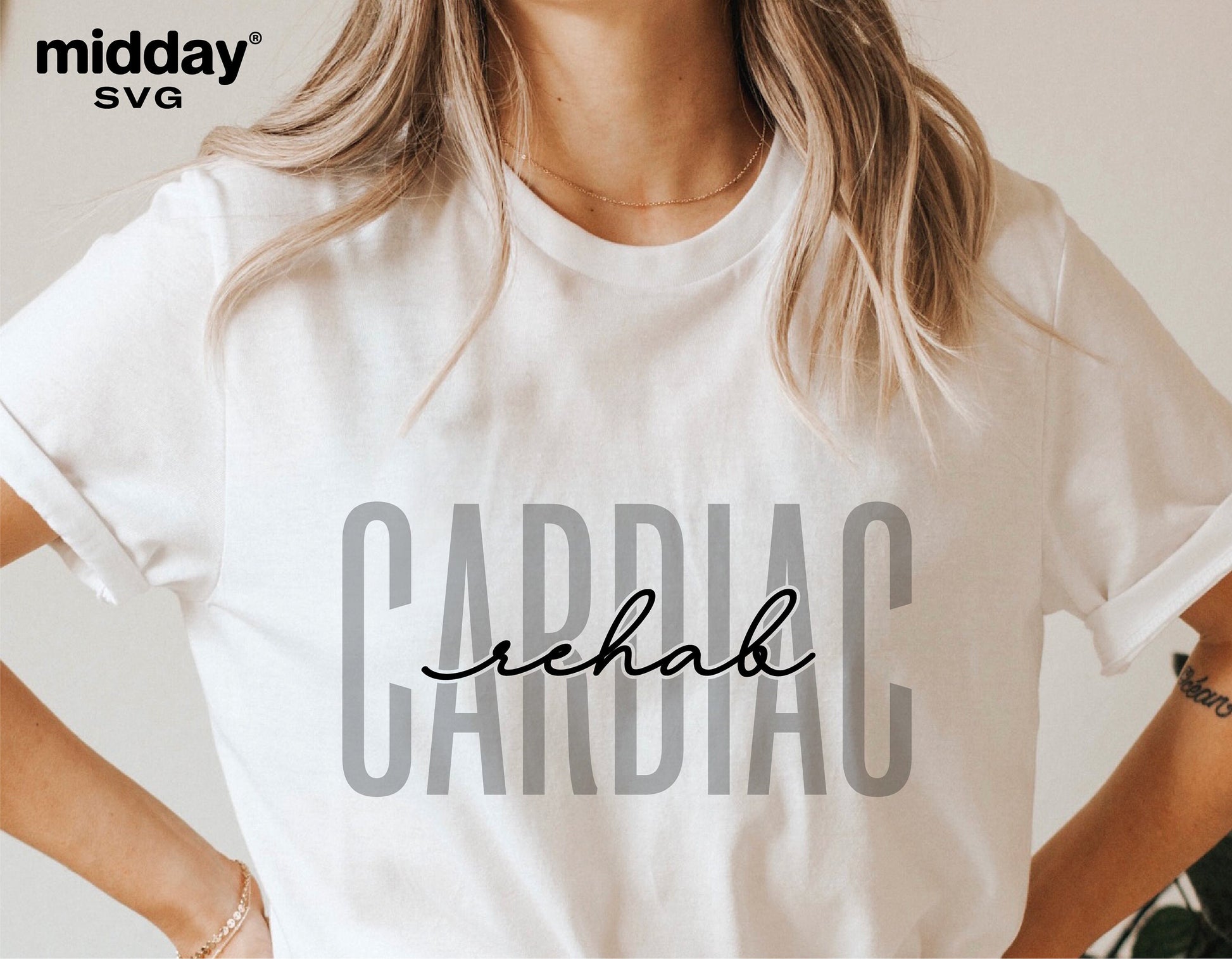 White t-shirt featuring 'Cardiac Rehab' text design, ideal for Cricut and Silhouette projects, available as digital download.