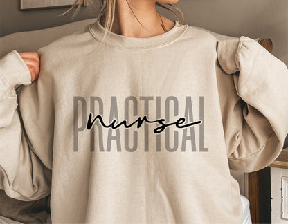 Woman wearing beige sweatshirt with 'Practical Nurse' text, showcasing nursing theme apparel.