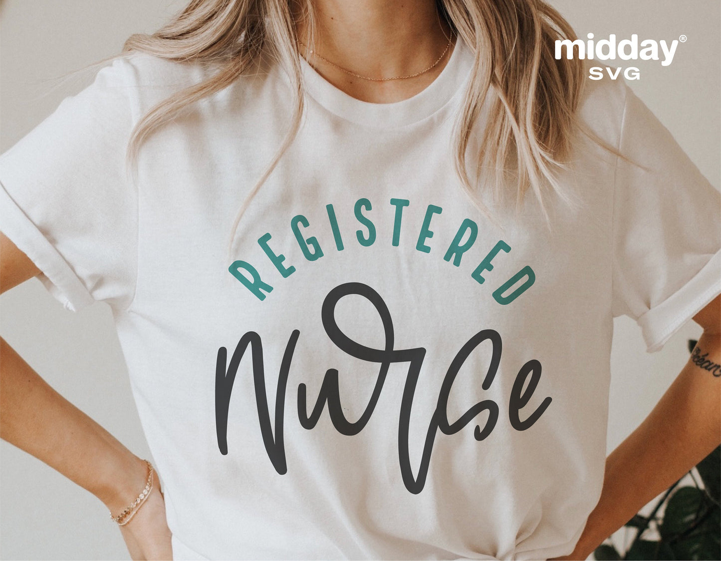 T-shirt with "Registered Nurse" SVG design, perfect for Cricut and Silhouette projects, featuring stylish lettering on white fabric.