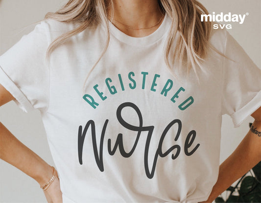 T-shirt with "Registered Nurse" SVG design, perfect for Cricut and Silhouette projects, featuring stylish lettering on white fabric.