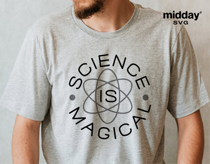 Person wearing a gray t-shirt with 'Science is Magical' SVG design for teachers, perfect for Cricut and Silhouette cutting projects.