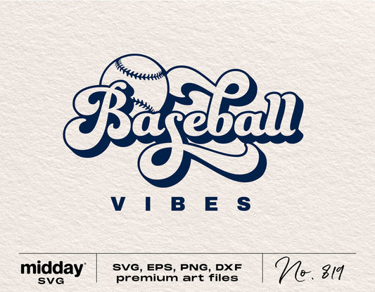 Retro Baseball Vibes design with cursive lettering, available as SVG, EPS, PNG, DXF for Cricut and Silhouette crafting projects.