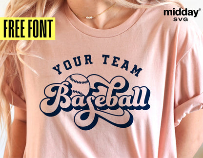 Pink t-shirt with 'Your Team Baseball' design in navy blue, perfect for baseball enthusiasts. Includes free font offer. Suitable for Cricut and Silhouette projects.