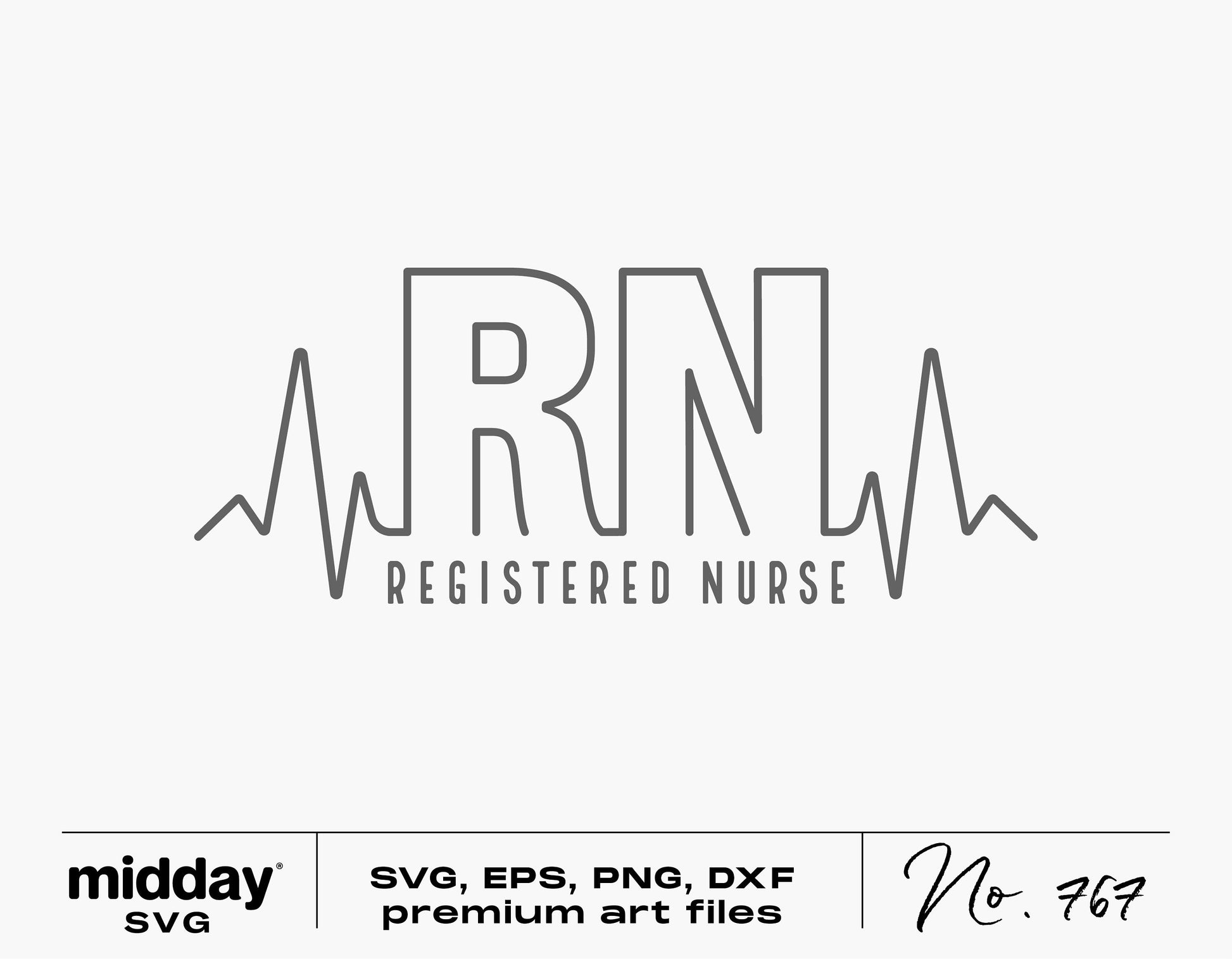 RN SVG design for nurses featuring heart rate line, available in SVG, PNG, EPS, DXF formats for Cricut, Silhouette, and sublimation projects.