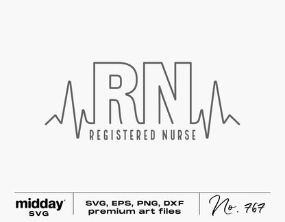RN SVG design for nurses featuring heart rate line, available in SVG, PNG, EPS, DXF formats for Cricut, Silhouette, and sublimation projects.