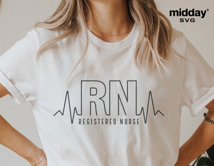 White t-shirt with 'RN Registered Nurse' design, featuring heartbeat line, ideal for nurses, compatible with Cricut and Silhouette.