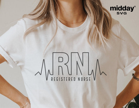 White t-shirt with 'RN Registered Nurse' design, featuring heartbeat line, ideal for nurses, compatible with Cricut and Silhouette.