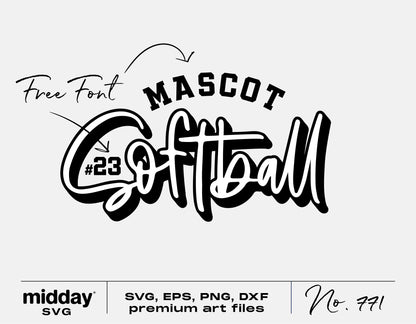 Softball SVG design with free font for DIY Cricut projects, featuring 'Mascot Softball' text #23 for shirts and sublimation.